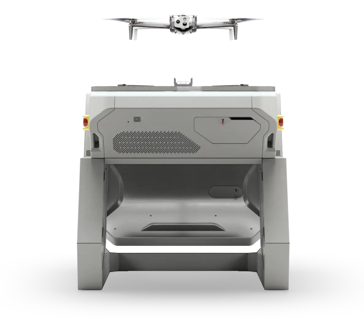 Skydio X10 deploying from autonomous dock — front view